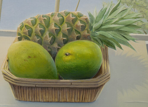 mangoes and pineapple close up painting by Emmeline Craig