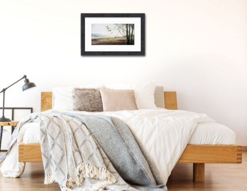 Bolinas lagoon with fog giclee print above bed