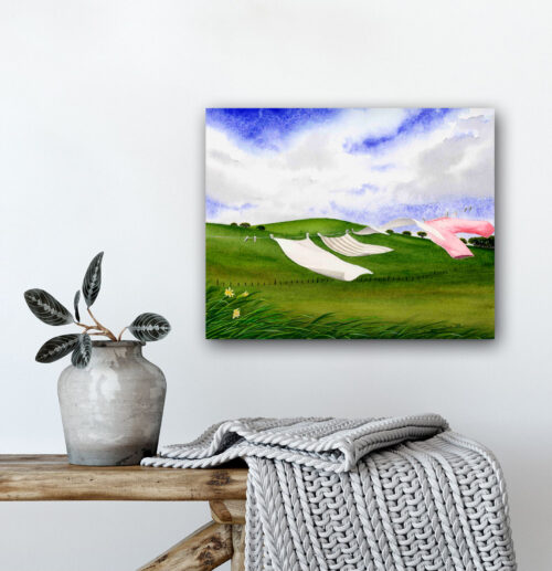 Laundry in the wind with green hills giclee on canvas by Emmeline Craig