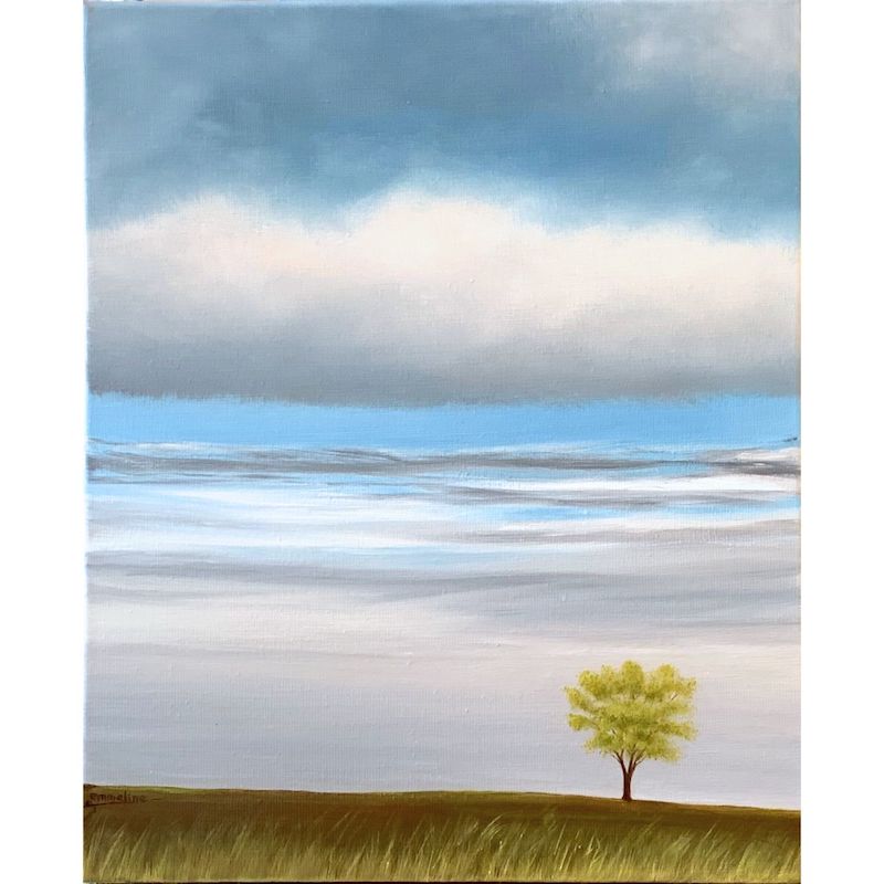 Oil painting Contemplation tree and sky with clouds