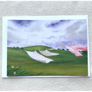 laundry in the wind with green hills flat notecard pack of 5